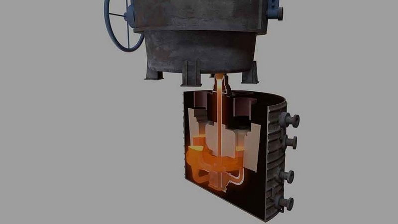 Advanced Pouring Shroud Design Highlighting Energy and Environmental Efficiency Cutaway illustration of an industrial pouring shroud, showcasing the internal flow of molten metal, with icons for energy efficiency and CO2 reduction.
