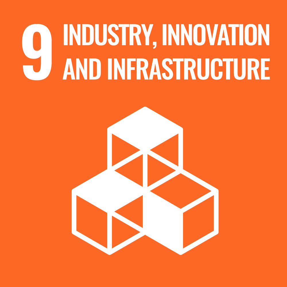 United Nations Sustainable Development Goal (SDG) number 9 icon, depicting an abstract representation of infrastructure with three interconnected boxes on a vibrant orange background.