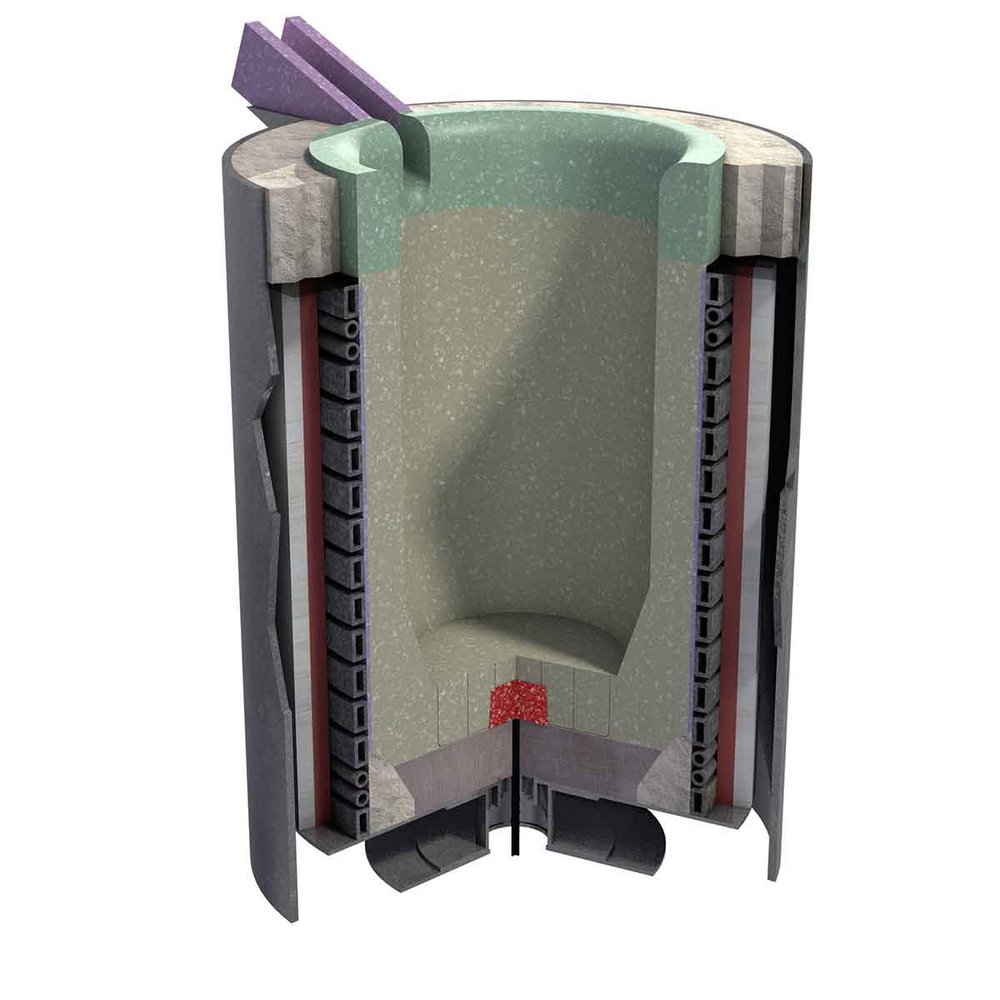 Cross-section illustration of a Coreless Induction Furnace (CIF) used in steel production, showcasing internal components.