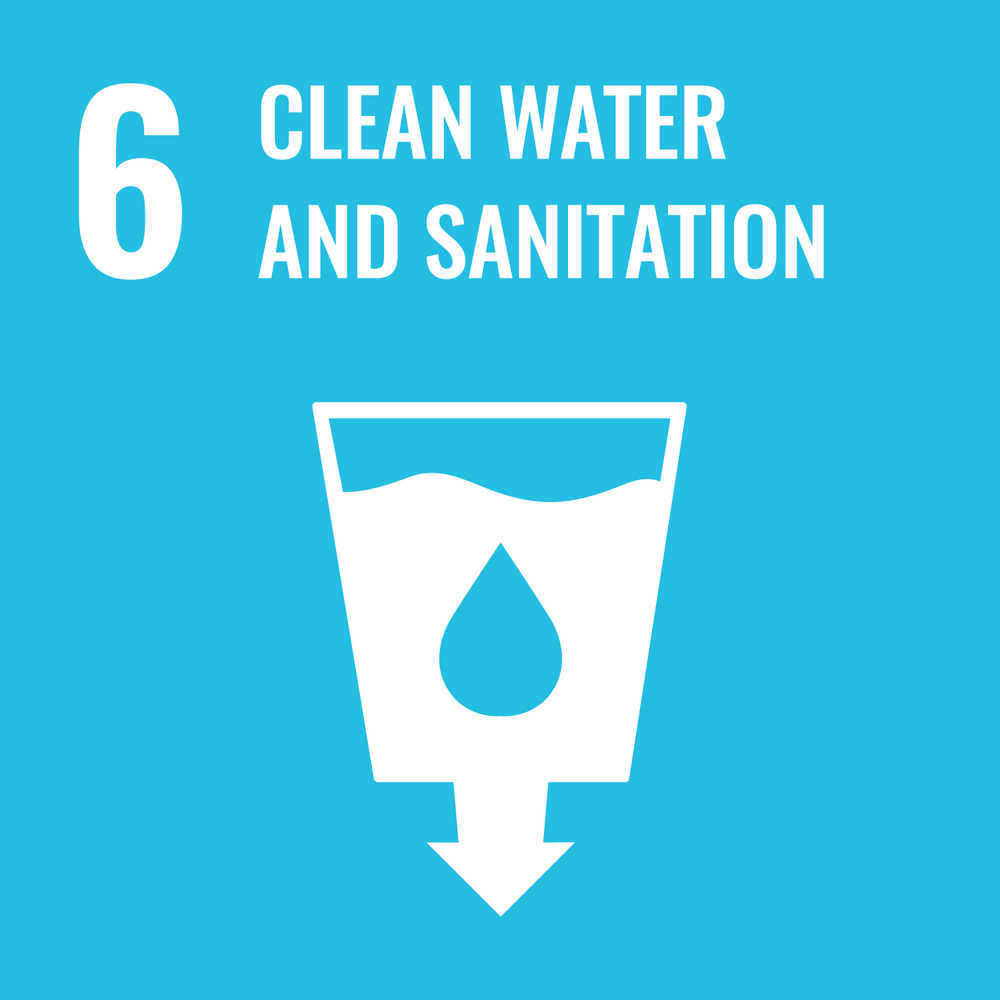 United Nations Sustainable Development Goal (SDG) number 6 icon, showing a water droplet and a filter shape on a bright blue background, symbolizing the objective of ensuring availability and sustainable management of water and sanitation for all.