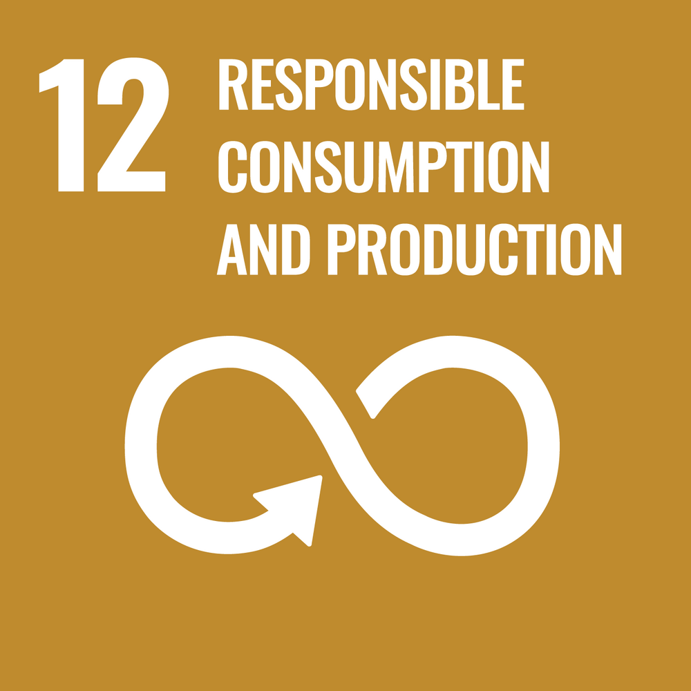 United Nations Sustainable Development Goal (SDG) number 12 icon, featuring an infinity recycling symbol on a mustard background, representing responsible consumption and production.