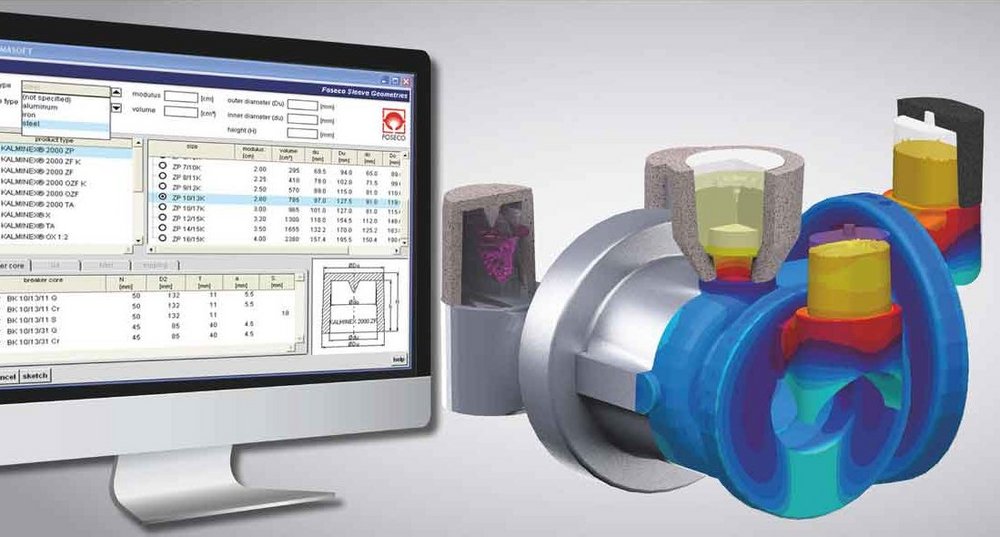 Computer monitor displaying the Foseco Pro Module interface for 3D geometries and thermo-physical data analysis, alongside a visual simulation of casting flow