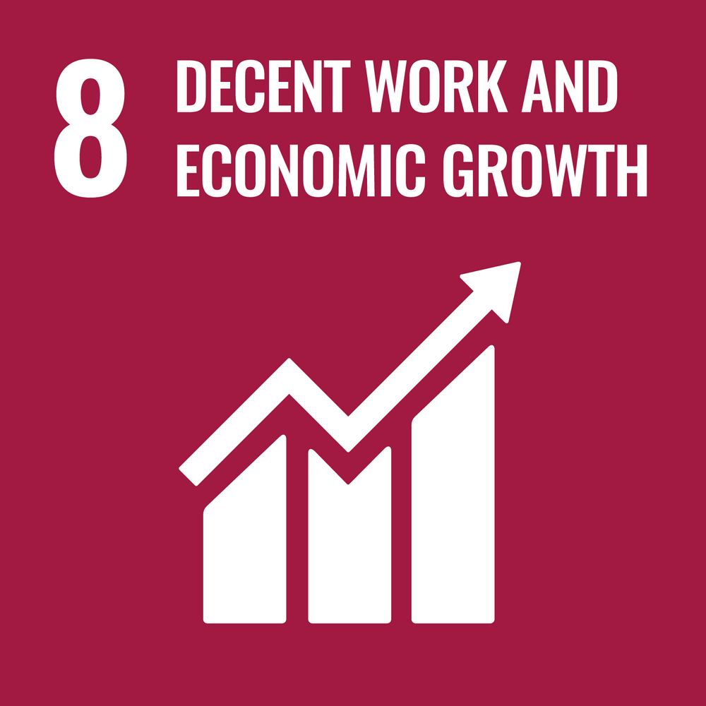 United Nations Sustainable Development Goal (SDG) number 8 icon, featuring a rising graph symbol on a maroon background, representing the goal of promoting sustained, inclusive and sustainable economic growth, full and productive employment and decent work for all.