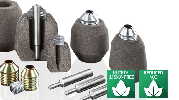 Collection of Foseco foundry products including filters and feeders, highlighting eco-friendly features with 'Fluoride Emission Free' and 'Reduced VOC' badges.