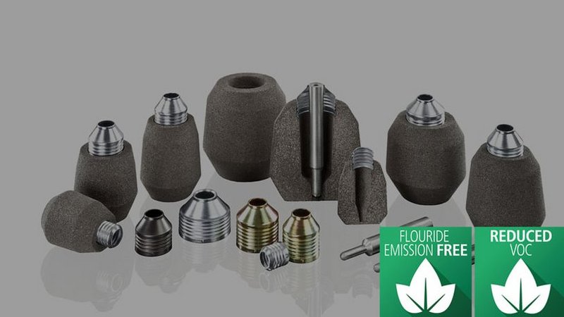 Assortment of FEEDEX FEF foundry feeder systems with eco-friendly badges for 'Fluoride Emission Free' and 'Reduced VOC'.