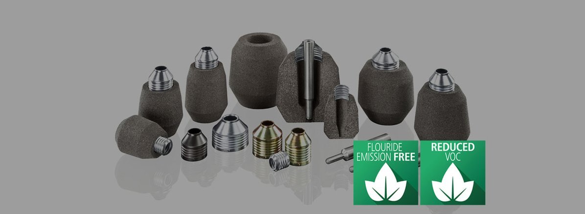 Assortment of FEEDEX FEF foundry feeder systems with eco-friendly badges for 'Fluoride Emission Free' and 'Reduced VOC'.