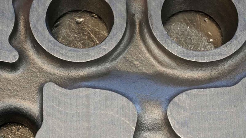 Close-up view of a foundry-cast metal part with circular cavities and a textured surface, highlighting the precision and detail in metalworking.