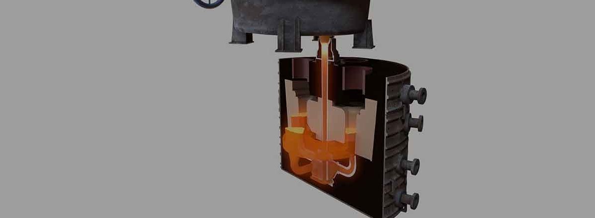 Advanced Pouring Shroud Design Highlighting Energy and Environmental Efficiency Cutaway illustration of an industrial pouring shroud, showcasing the internal flow of molten metal, with icons for energy efficiency and CO2 reduction.