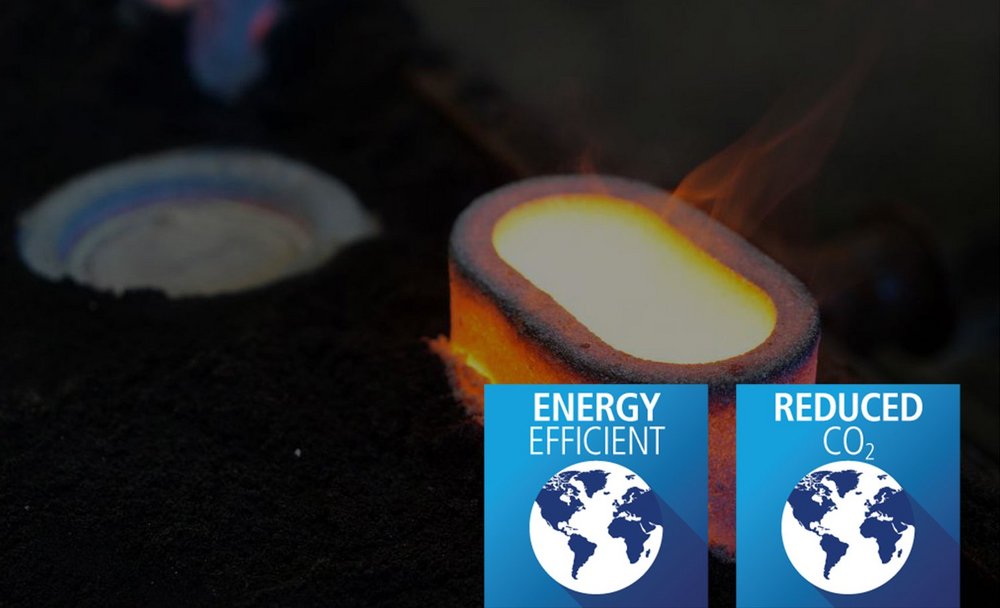 Molten metal being poured using FEEDEX NF1 feeder sleeves into molds with flames visible, accompanied by icons indicating energy efficiency and reduced CO2 emissions.