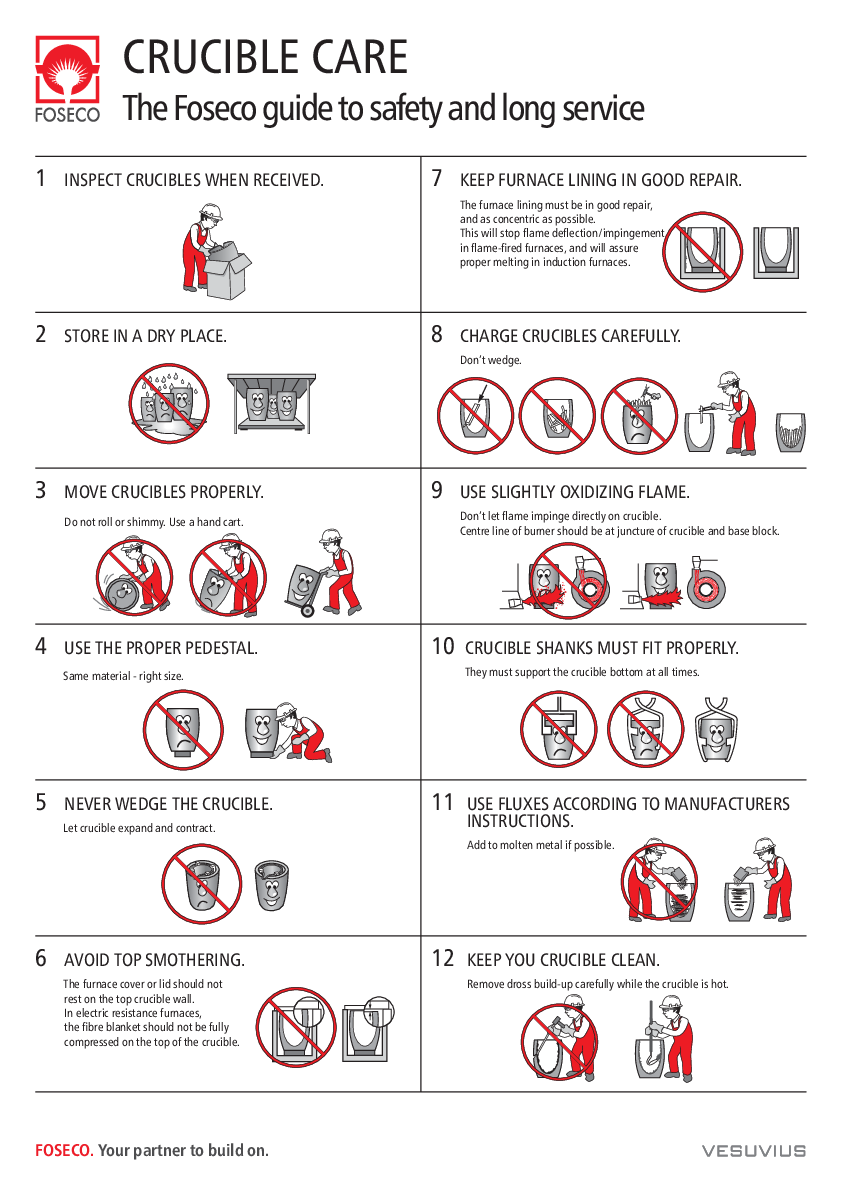 An informative guide from Foseco on 'Crucible Care' with safety instructions and best practices for handling and maintenance.