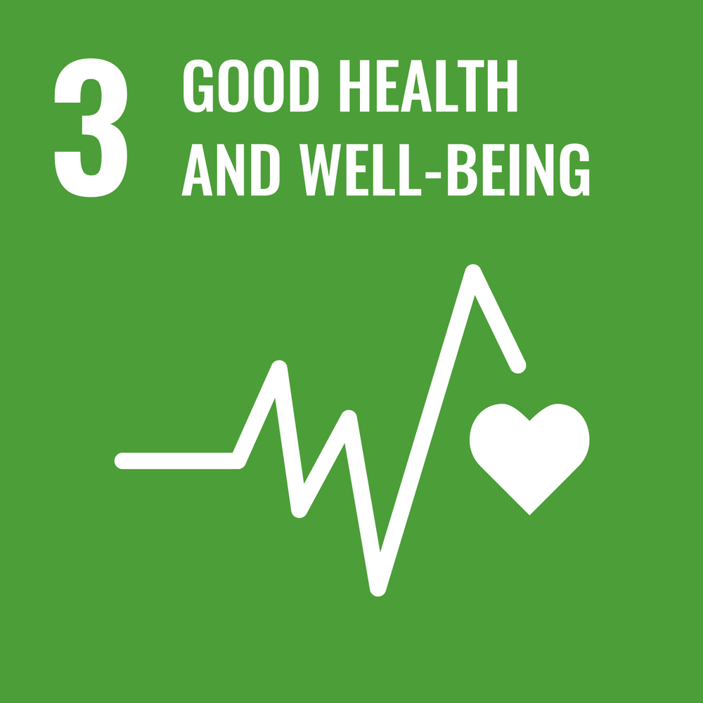 United Nations Sustainable Development Goal (SDG) number 3 icon, featuring a heartbeat and heart shape on a lush green background, representing good health and well-being.