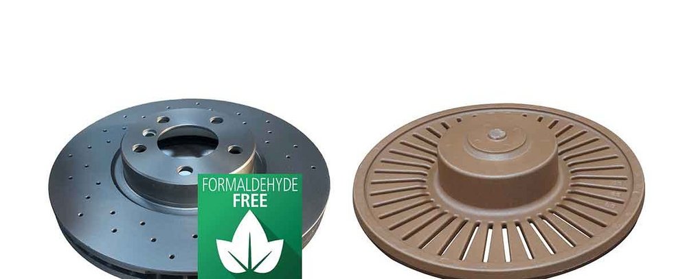 Two foundry products side by side, a brake disc and core, with a 'Formaldehyde Free' badge, signifying eco-friendly manufacturing.