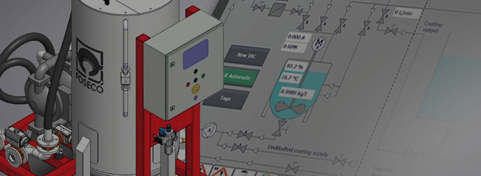 A 3D rendered image of a modern FOSECO foundry equipment setup with control unit, pipes, and monitoring interface, highlighting automation in coatings