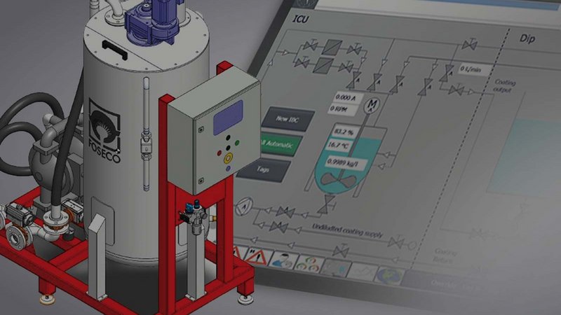 A 3D rendered image of a modern FOSECO foundry equipment setup with control unit, pipes, and monitoring interface, highlighting automation in coatings