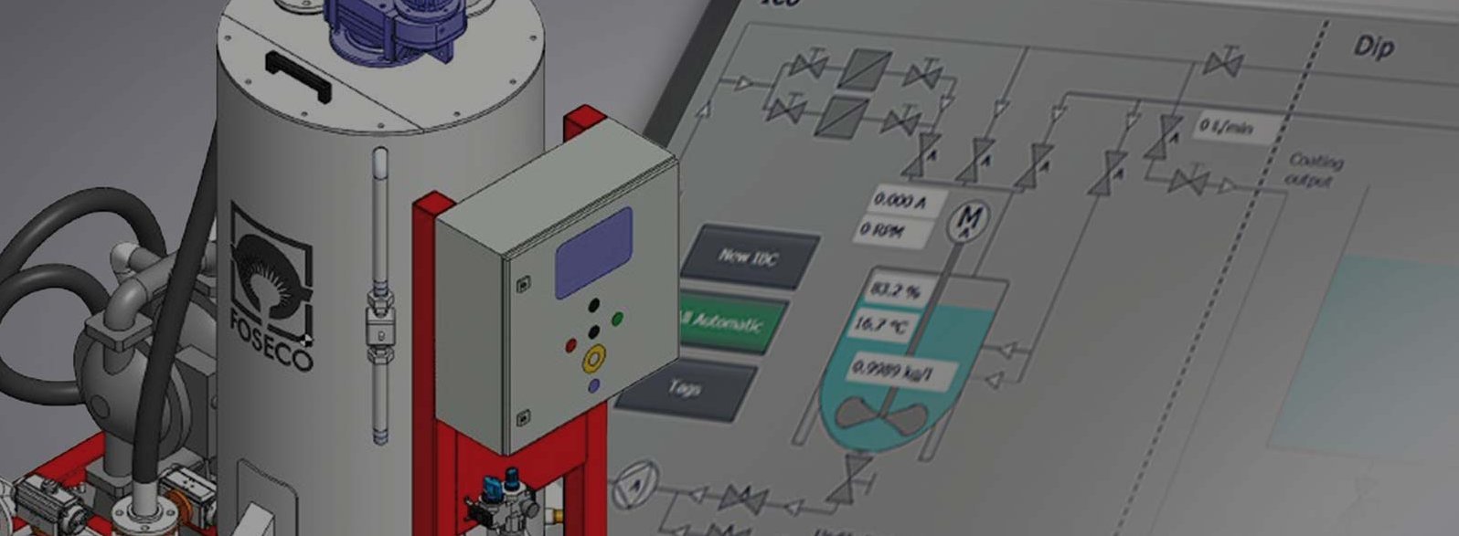 A 3D rendered image of a modern FOSECO foundry equipment setup with control unit, pipes, and monitoring interface, highlighting automation in coatings