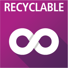 Infinity recycling symbol in white on a purple background with the text 'RECYCLABLE' in white uppercase letters.