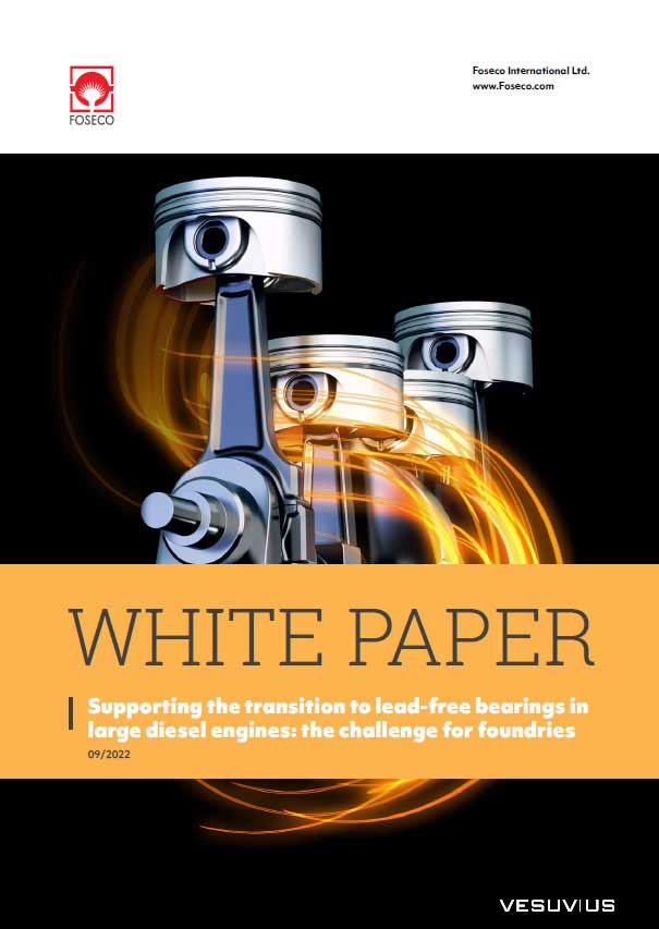 Cover page for Foseco white paper titled 'Supporting the transition to lead-free bearings in large diesel engines: the challenge for foundries', featuring pistons with flames.