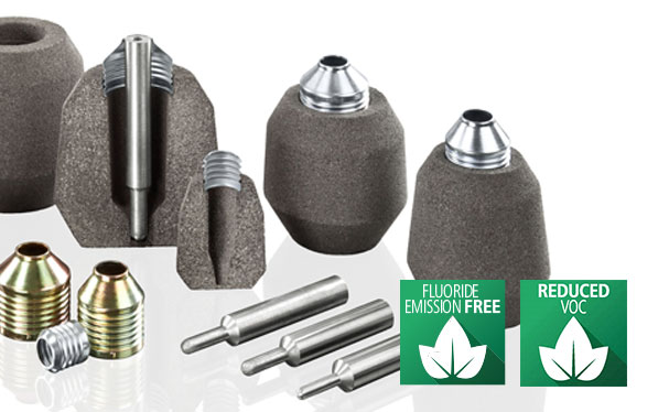 Collection of Foseco foundry products including filters and feeders, highlighting eco-friendly features with 'Fluoride Emission Free' and 'Reduced VOC' badges.