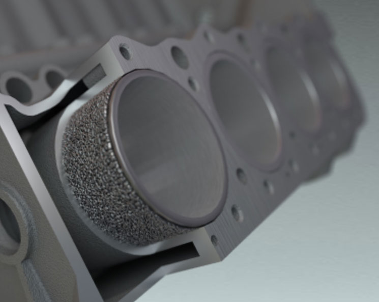 Close-up of a cylinder block showing a detailed cross-section with a textured surface, representing advanced materials technology.