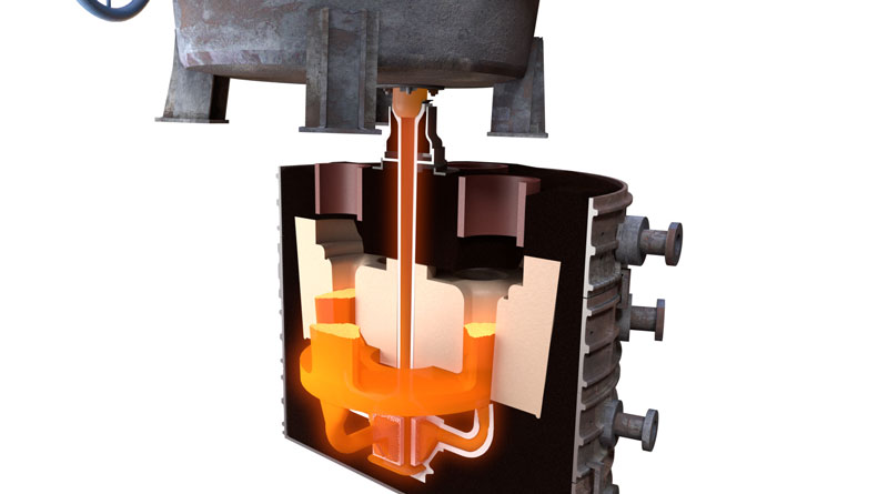 Cross-sectional illustration of a molten metal pouring system with an external shroud and internal refractory lining