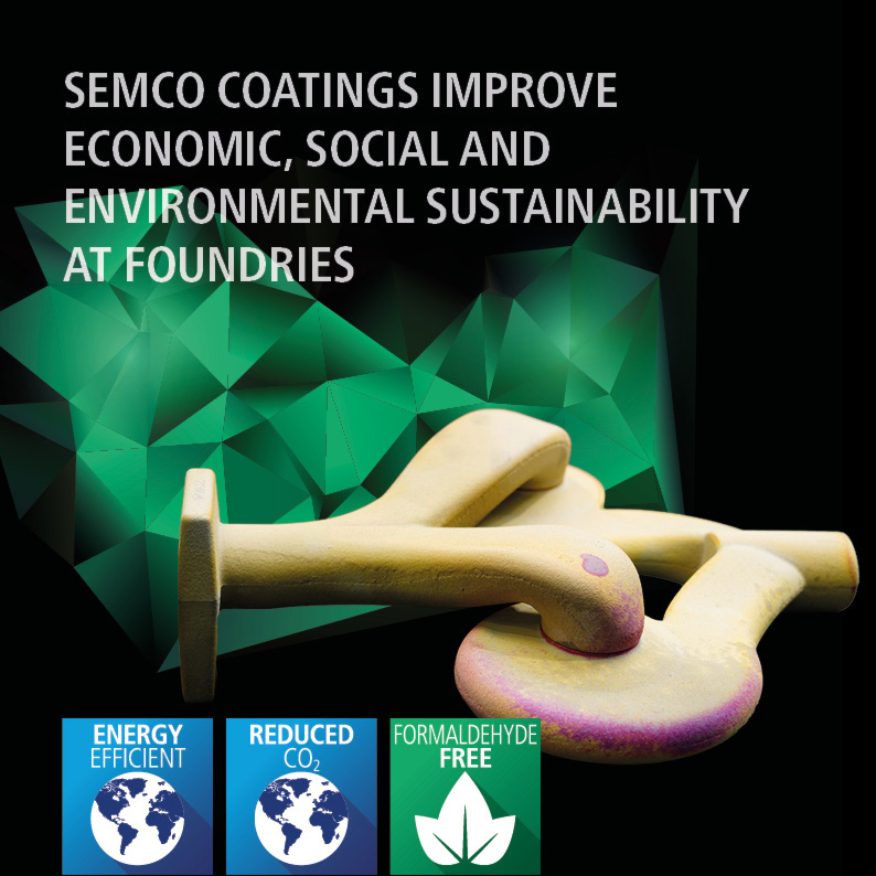 Advertisement showcasing SEMCO coatings with a foundry hammer and environmental sustainability badges.