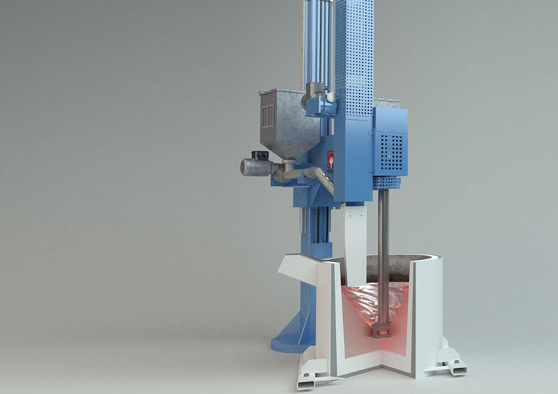 Industrial metal treatment station (MTS 1500) with blue and white color scheme, showcasing molten material being treated.